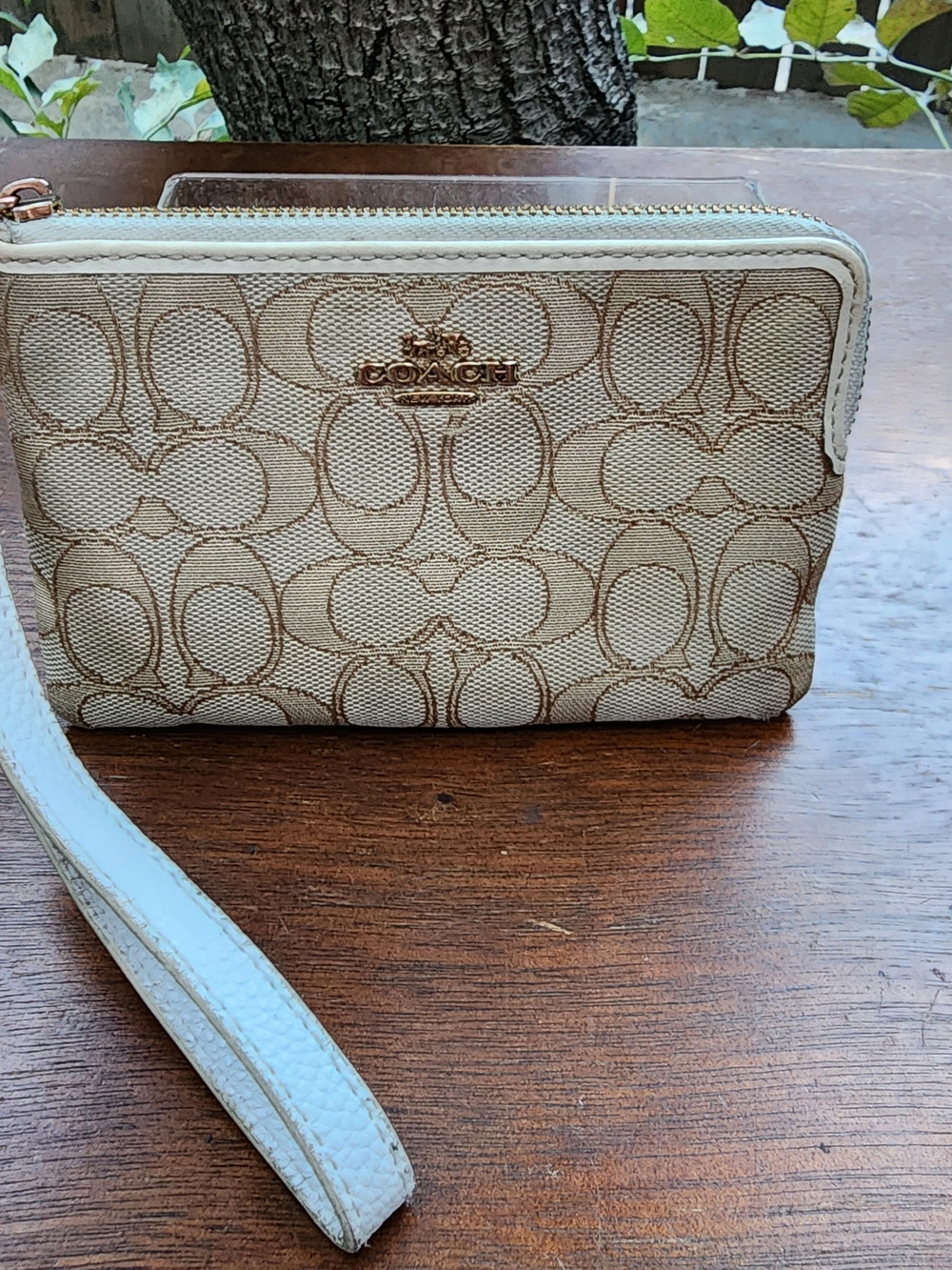 Coach Double Zip Wallet Wristlet in Signature Canvas - Light Khaki Chalk White